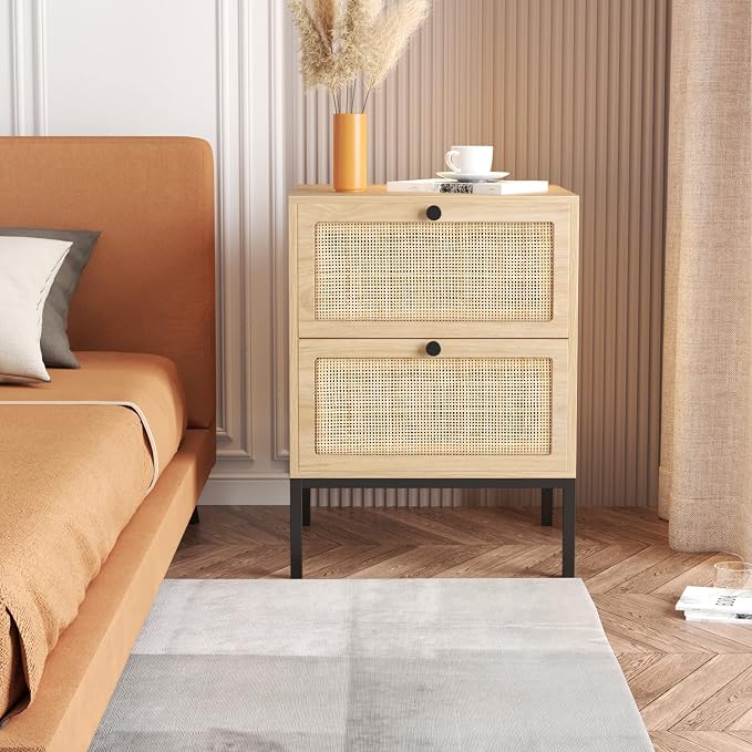 Yechen Set of 2 Rattan Nightstands with 2 Storage Drawers, Boho Bedside Table with Handmade Natural Cane, Mid-Century Modern End Table with Metal Legs for Bedroom, Natural Oak - Image 2