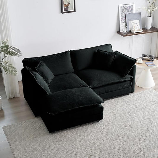 KEIKI Loveseat Sofa, Upholstered 2 Seater Couch with 1 Footrest, Oversized L-Shaped Sectional Sofa with Ottoman for Living Room Bedroom Office, Black