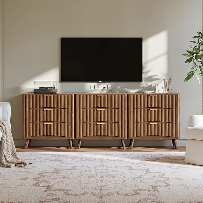 Evermagin 31.5" W Oversized Nightstands Set of 2, Walnut Fluted Night Stand, Tall Large 3 Drawers Bedside Table, Mid Century Modern Side Table for Bedroom - Image 7