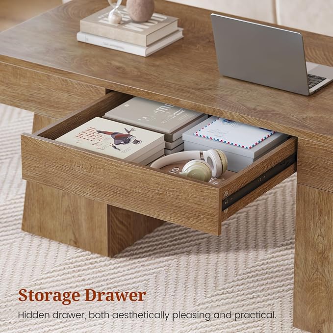 47 Inches Coffee Table with Storage, Wood Mid Century Modern Center Table with Hidden Drawer & Cabinet, Rectangle Coffee Tables for Living Room, Rustic Low Cocktail Tea Furniture Oak