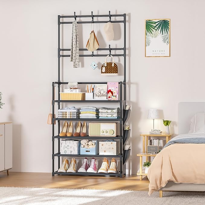 OYREL Shoe Rack 5 Tier Shoe Organizer Storage 15-20 Pairs Shoes Rack for Closet Entrance Shoe Rack Organizer with Hooks and Side Pocket Entryway Shoe Holder Space Saving Free Standing Shoe Racks - Image 9