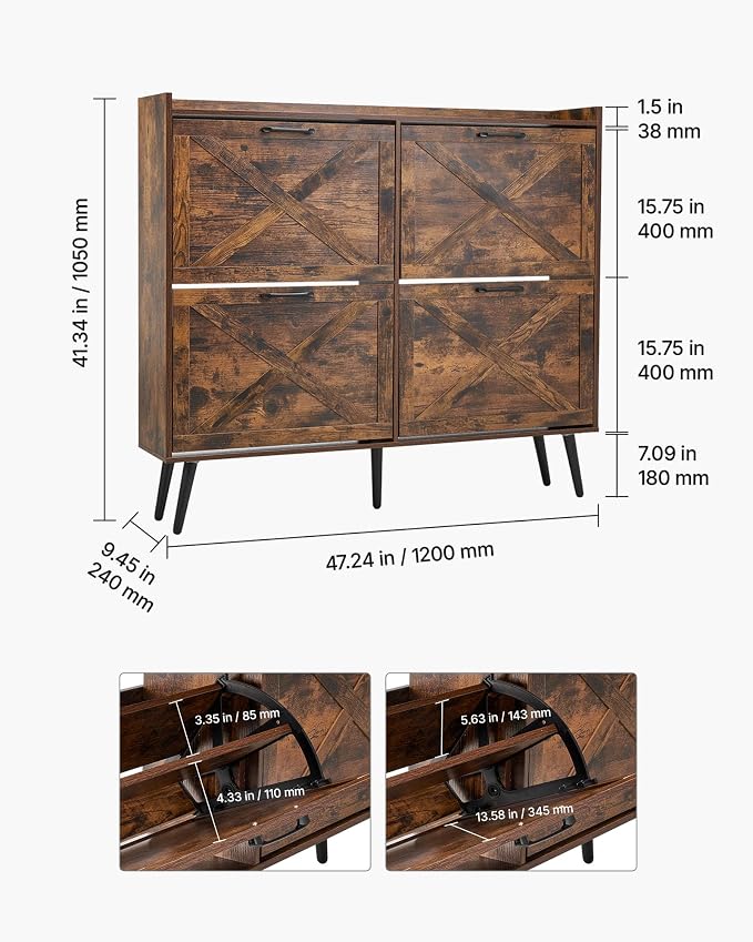 VEVOR Shoe Cabinet with 4 Flip Drawers, Farmhouse Shoes Storage Cabinet with Wood Legs and Anti-Tipping Device, Freestanding Shoe Organizer Ideal for Entryway, Hallway, Bedroom, Living Room, Brown - Image 3