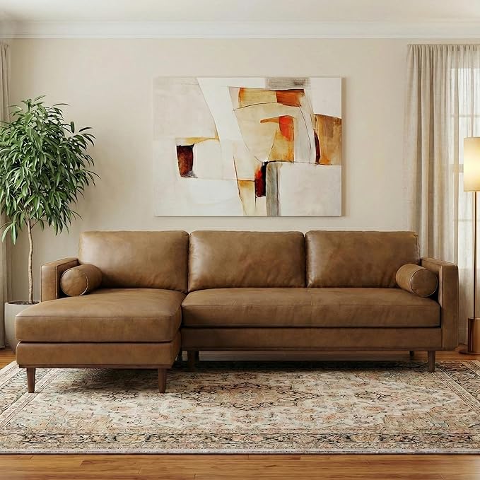 SIMPLIHOME Morrison Left Sectional Sofa in Full-Grain Genuine Leather, Caramel Brown, 102-inches Wide, L-Shaped Leather Couch with Left Chaise for The Living Room and Family Room