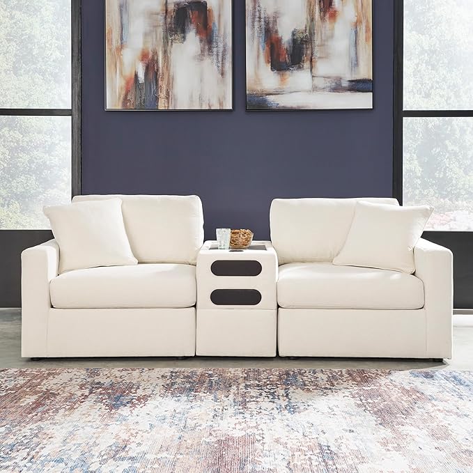 Signature Design by Ashley Modmax Coastal Modular Stain Resistant 3-Piece Sectional with Audio Console, Drawer, USB Ports and 2 Accent Pillows, Beige
