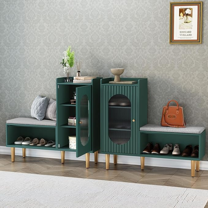 HLR Storage Bench Set of 2, Green Modern Entryway Shoe Cabinet Bench with Glass Door&Shelf, L-Shaped Storage Cabinet with Padded Seat for Hallway, Bedroom, Living Room, Office by HomeDeservesaRelaxLiving