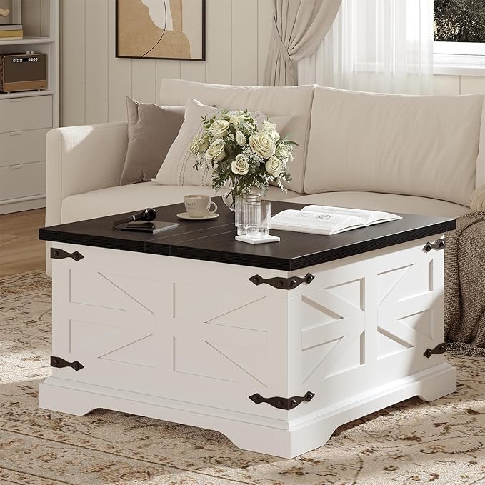 Farmhouse Coffee Table with Storage, Square Center Table for Living Room, Rustic, Hinged Lift Top Soft Close, Wood, Large Hidden Storage, Modern, Metal Corner, White Black