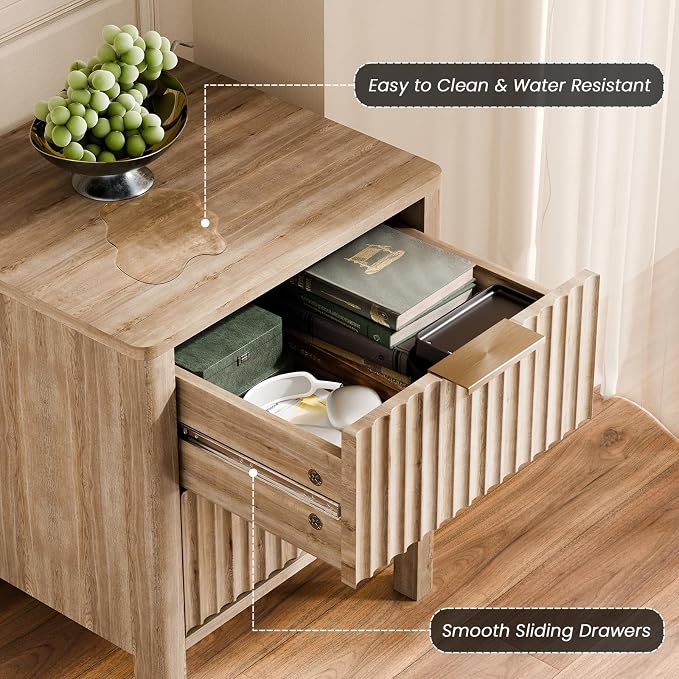 MODNEST 18" Fluted Nightstands Set of 2, Bed Side Tables with Drawers for Bedroom Mid Century Modern Night Stand Wood Nightstand Small End Table Bedroom Set, Oak - Image 5