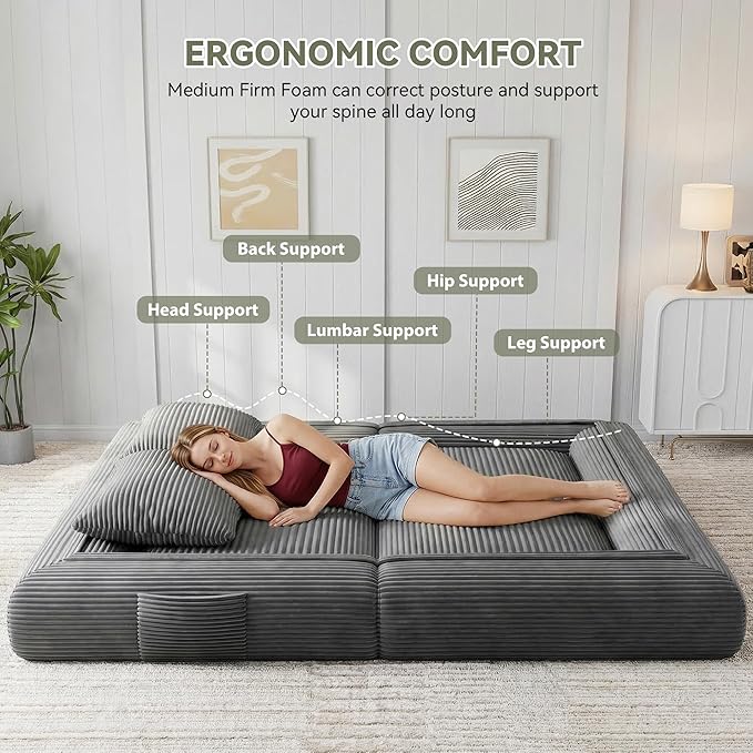 4-in-1 Convertible Folding Sofa Bed, 76 Inch Queen Size Foldable Sleeper Sofa Bed, Wide Corduroy Upholstery, Boneless Mattress Couch with Armrests & Neck Pillow for Living/Bedroom - Grey