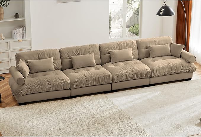 KEIKI 166" Oversized Velvet Modular Sectional Sofa with High-Density Foam Cushion and Bolstered Armrests, Upholstered Modern Style 4-Seater Cloud Couch with 6 Pillow, for Apartment, Living Room, Camel