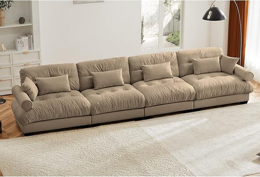 KEIKI 166" Oversized Velvet Modular Sectional Sofa with High-Density Foam Cushion and Bolstered Armrests, Upholstered Modern Style 4-Seater Cloud Couch with 6 Pillow, for Apartment, Living Room, Camel