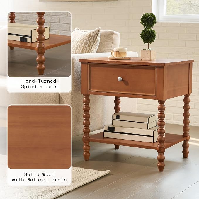 AMERLIFE 24" Walnut Nightstand Set of 2, Vintage Bedside Table for Bedroom, Solid Wood Night Stand with Turned Legs, End Table with Drawer & Open Shelf, Brown Walnut Finish - Image 5