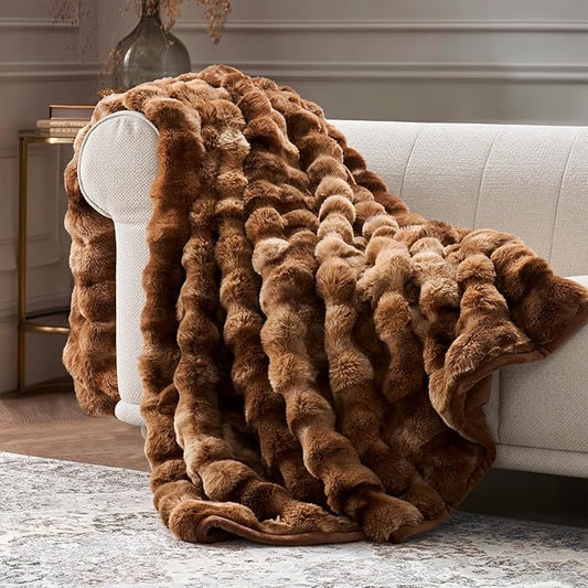 EverGrace Ultra Soft Luxury Fluffy Faux Rabbit Fur Throw Blanket, Thick Warm Bubble Throw for Bed, Cozy Plush Reversible Blankets for Couch, Chair, Sofa, Lion Caramel, 50x60 Inches