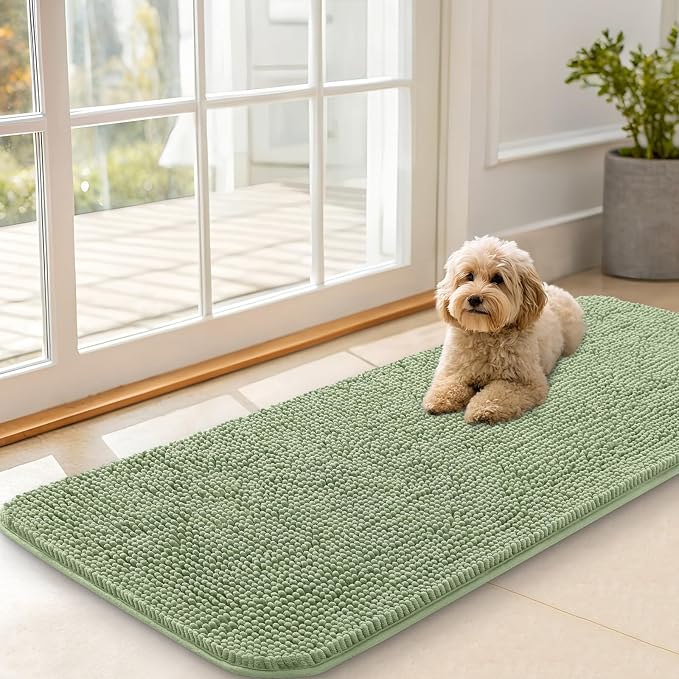 OLANLY Dog Door Mat for Muddy Paws 47x20, Absorbs Moisture and Dirt, Absorbent Non-Slip Washable Doormat, Quick Dry Chenille Mud Mat for Dogs, Entry Indoor Entryway Carpet for Inside Floor, Sage Green by OLANLY