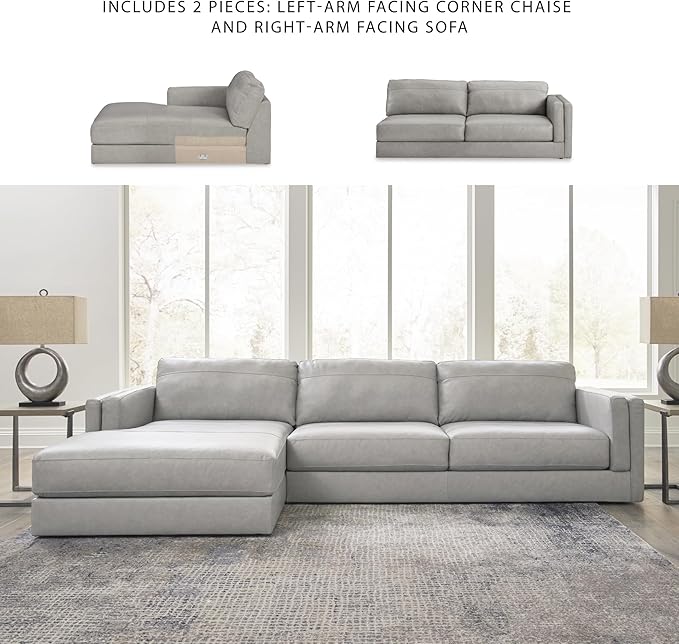 Signature Design by Ashley Amiata Modern L-Shaped Left-Arm Facing Leather Match 2-Piece Sectional with Chaise, Light Gray