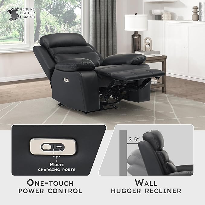 Lexicon Recliner Chair Living Room Leather Match Reclining Sofa Chair, Home Theater Seating, Wall Hugger Recliner, Power Recliner Sofa Chair for Living Room/Office/Apartment, Black