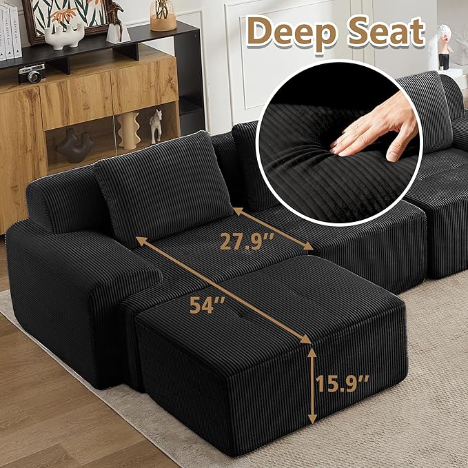 KIGOTY Modular Sectional Sofa Set, 5 PCS Comfy Cloud Sectional Couch with Deep Seat, Sleeper Sofa Bed with Ottoman, Modern Boneless Couch for Living Room, No Assembly Required,Black