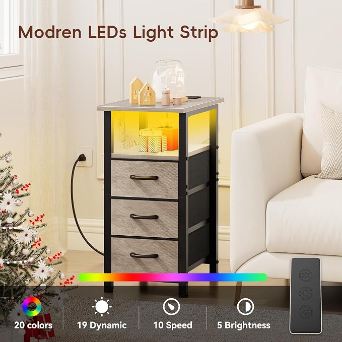 Vagusicc Nightstand with Charging Station and LED Lights, Narrow End Table, LED Night Stand with 3 Fabric Drawers for Bedroom, Small Side Table for Small Spaces, Greige - Image 7