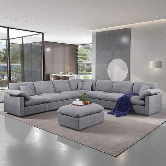 144-Inch Oversized L-Shaped Symmetrical Sectional Cloud Sofa,Modern 8 Seat Modular Cloud Sofa Luxury Convertible Couch with 6 Pillows and Movable Ottoman for Living Room