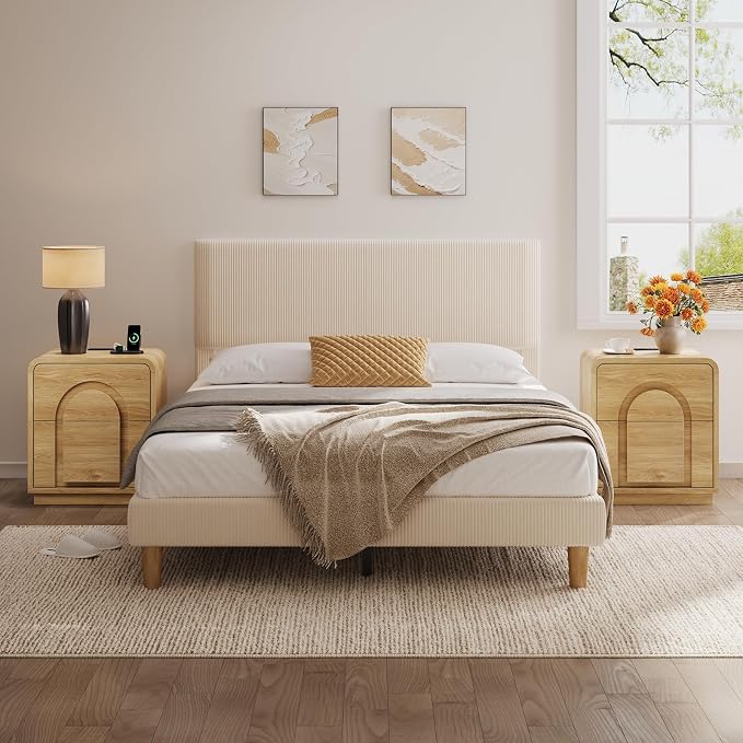 Bestier Night Stand Set 2, 23.6" Farmhouse Nightstand with Charger Station, Mid Century Modern Bedside Table with 2 Drawers, Arch Doors & Rounded Nightstand, End Tables for Bedroom, Natural Oak - Image 9