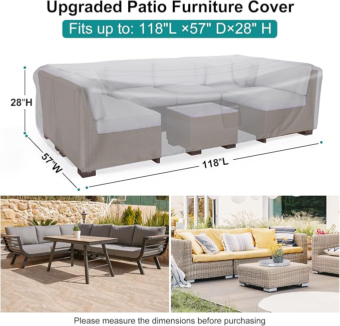 Patio Furniture Set Cover Waterproof, Heavy Duty Furniture Covers for Outdoor Sectional Sofa Set Wicker Rattan Table Chair Rectangular,118"L×57"W×28"H,Grey - Image 2