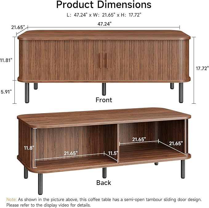 Coffee Table with Storage, 47.2" Mid Century Modern Coffee Tables for Living Room, Rectangle Wood Center Table with Sliding Tambour Door & Adjustable Leg for Living Room, Walnut