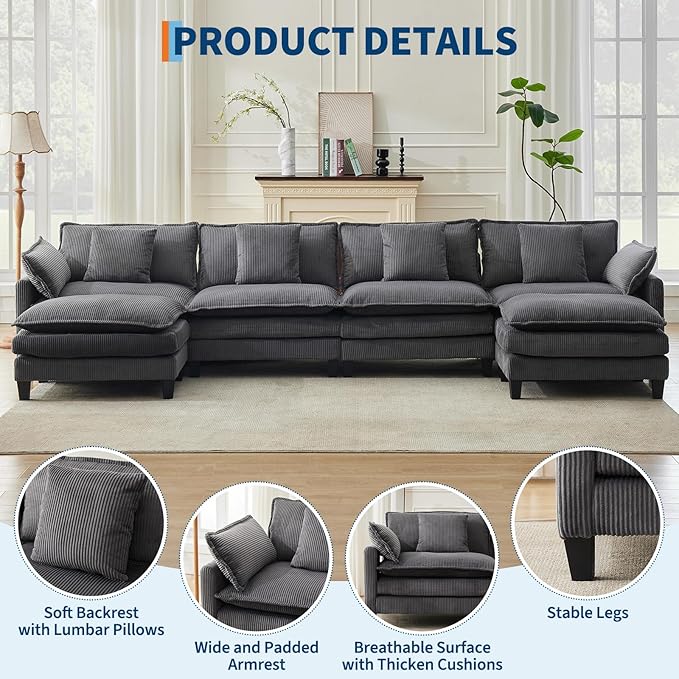GarveeHome 147" U Modular Sectional Sofa, Corduroy Cloud Couch with Movable Ottoman & Throw Pillows, Modern L/U-Shaped Sofa, Comfy Deep Seat Couch for Living Rooms, Offices, Bedroom and Apartment