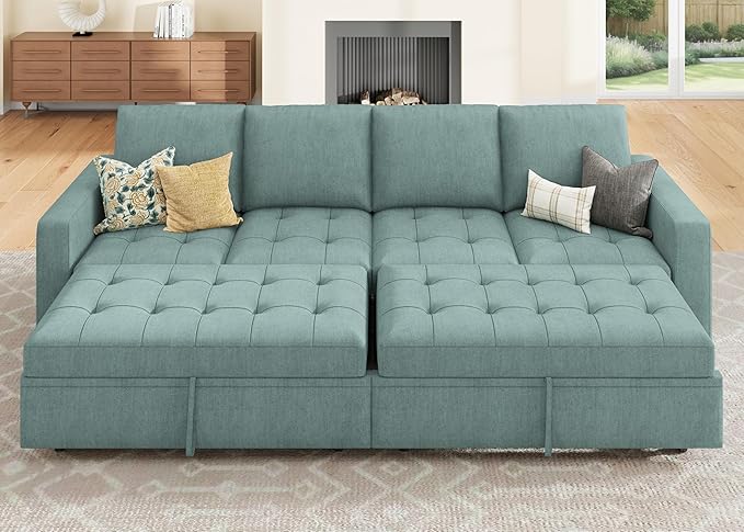 HONBAY Modular Sectional Sleeper Sofa with Pull Out Couch Bed, Convertible Sectional Couches for Living Room,Blue