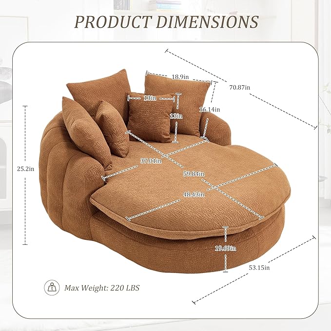 KEIKI 71" Chenille Round Boneless Sofa Couch, Oversized Chaise Lounge Chair Couches Indoor, No Assembly Required Floor Lazy Bean Bag, Modern Sleeper Sofa Bed for Living Guest Room & Bedroom, Brown
