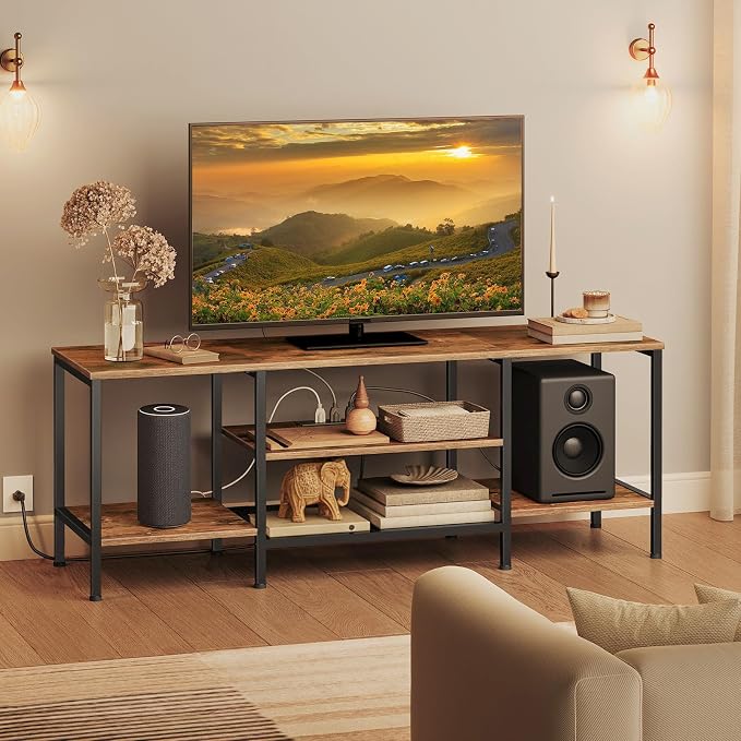 HOOBRO TV Stand with Power Outlets to 65 Inches, TV Console Table with Open Storage Shelves, Industrial Media Entertainment Center for Living Room Bedroom, Rustic Brown and Black BF40DS01 by HOOBRO