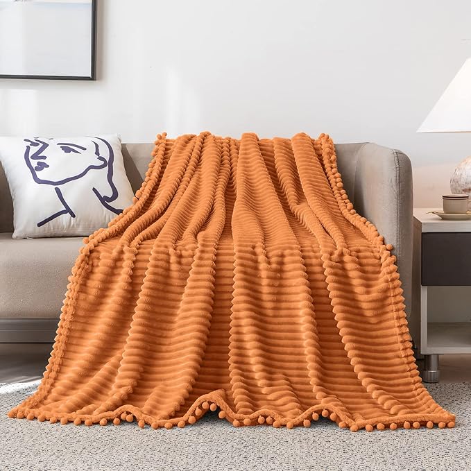 DISSA Fleece Blanket Throw Size ?€? 51x63, Orange ?€? Soft, Plush, Fluffy, Fuzzy, Warm, Cozy ?€? Perfect Throw for Couch, Bed, Sofa - with Pompom Fringe - Flannel Blanket Throw Blanket