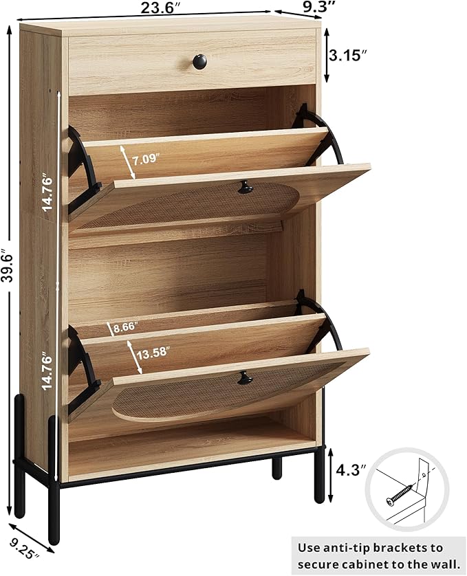 IRONCK Shoe Cabinet with 2 Flip Drawers, Shoe Storage Cabinet for Entryway, Free Standing Shoe Storage Organizer with Rattan Doors Slim Narrow Shoe Rack Cabinet, Oak - Image 2