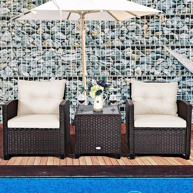 KOTEK 3 Piece Patio Furniture Set, Outdoor Conversation Set with Washable Cushions & Tempered Glass Tabletop, PE Rattan Wicker Bistro Set for Porch, Garden, Balcony (White)