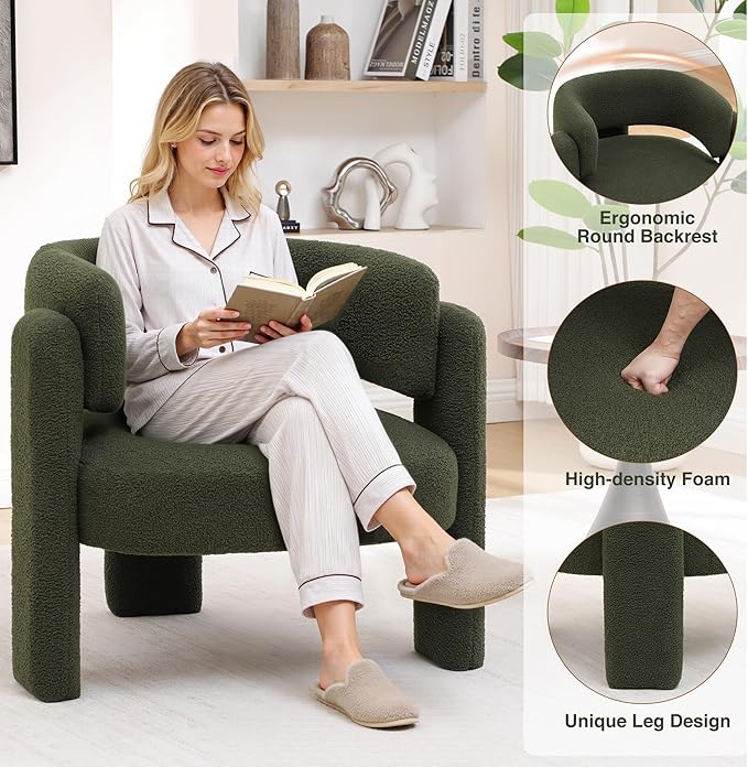 Accent Chair for Living Room, Modern Sherpa Barrel Chair, Upholstered Living Room Chairs with 3 Legs, Comfy Armchair Reading Side Chair for Bedroom, Office, Apartment, Green