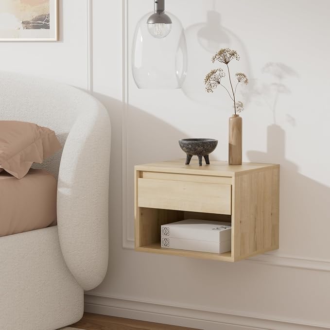 Mid Century Modern Floating Nightstand, Wall Mounted End Table with Drawer and Open Compartment Wooden Bedside Night Stand Small Storage Cabinet for Bedroom, Light Oak by MoomJiee