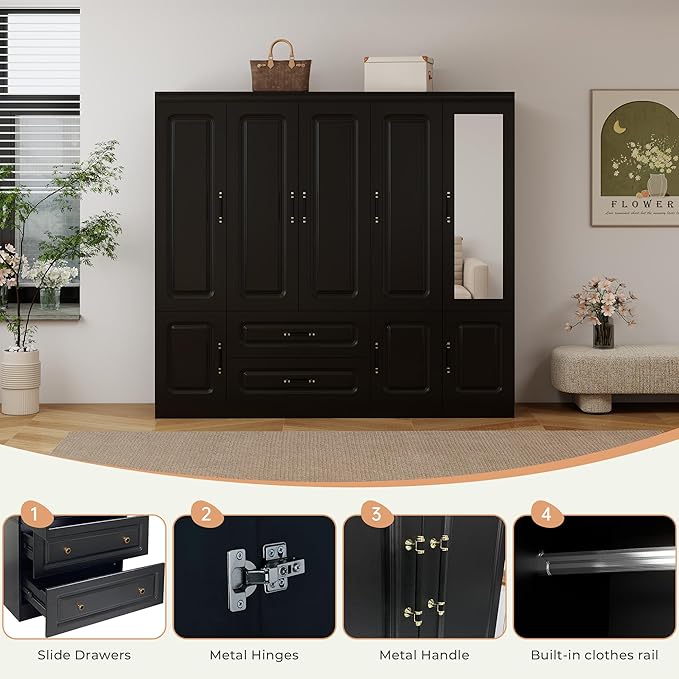 GraceGrove Armoire Wardrobe Closet with Mirror and 2 Drawers, Bedroom Cabinet with 5 Doors and Hanging Rods, Wood Wardrobe Closet with Large Storage, Armoires and Wardrobes for Bedroom Black