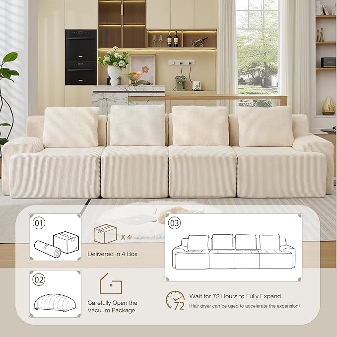 Modular Sectional Sofa, 6 Seat Modular Couch, Modular Sofa with Deep Seat and Detachable Pillow (White, 4 Pieces-Rowshape)