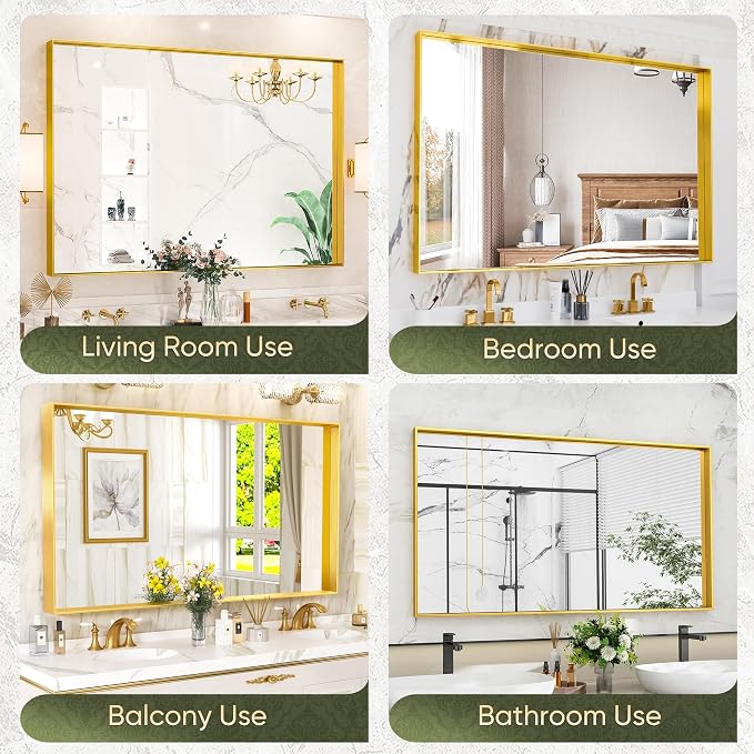 Suidia Bathroom Mirror, 60" x 30" Wall Mirror Metal Framed, Bathroom Vanity Mirror for Living Room Bedroom Bathroom Entryway, Gold, Rect Corner Style - Image 7