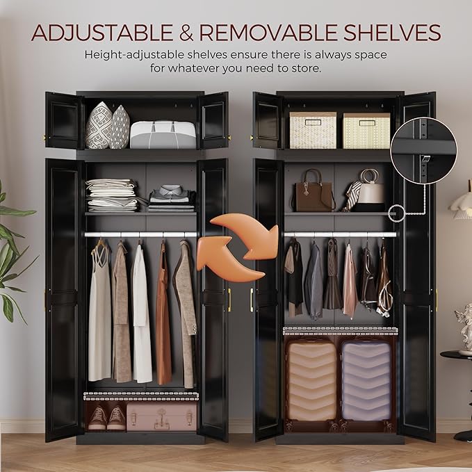 Metal Armoire Wardrobe Closet with Doors, 86" Tall Wardrobe Cabinet, Black Clothing Storage Cabinets with Adjustable Shelves for Bedroom, Home Office