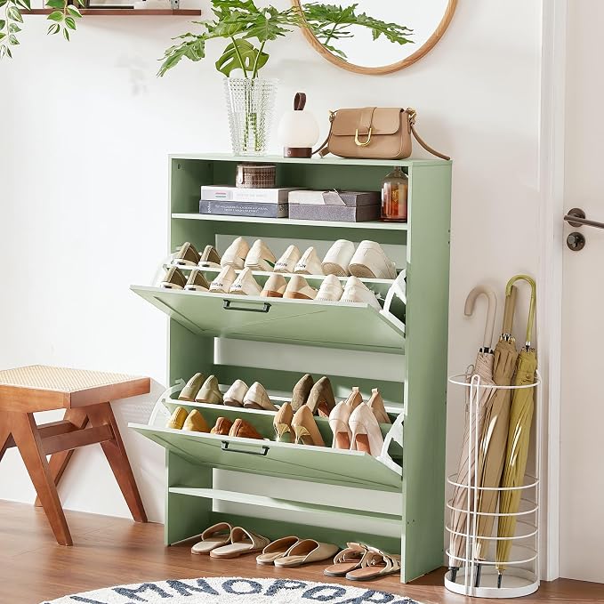 RWYHG Shoe Cabinet Storage for Entryway with 2 Flip Drawers Open Storage Layer Rack Narrow Organizer Slim Hidden Wood Shoe Cabinet Furniture Green - Image 9