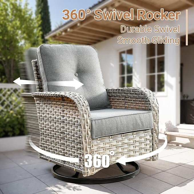 HOOOWOOO Outdoor Patio Furniture Set with Light Table,7 Pieces Wicker Conversation Set,All Weather High Back Couch Sofa Swivel Chairs Ottomans Set,Charcoal Gray