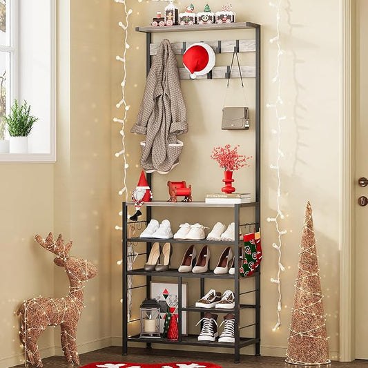 GiftGo Vintage Large 5-Tier Hall Tree with Console Table Entryway Coat Rack Floor Standing Shoes Rack Storage Shelf Organizer for Home Office Bedroom (Greige) by GiftGoDirect
