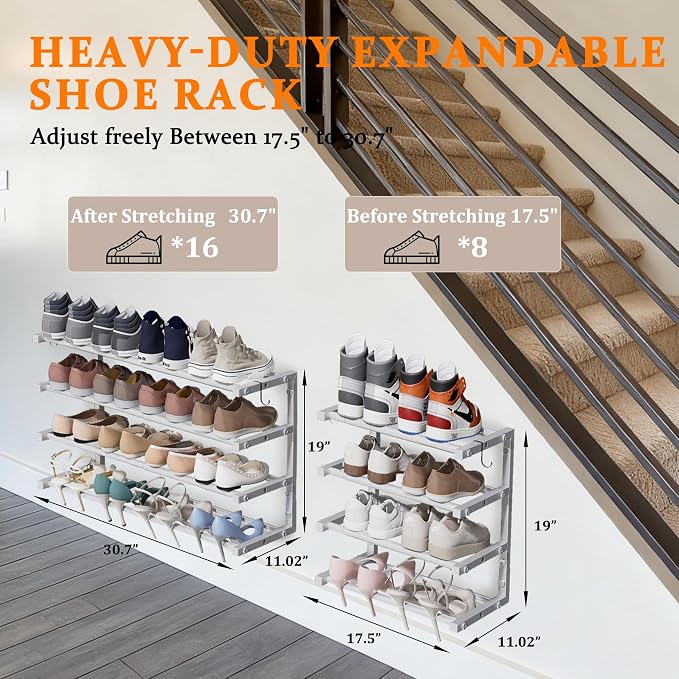 2 Pack Wall Mounted Shoe Rack, 4 Tier Hanging Shoe Rack Holds 32 Pairs, 17"-30" Adjustable Heavy Duty Wall Shoe Shelf with 4 Storage Hooks, Space Saving for Closet Entryway, White - Image 2