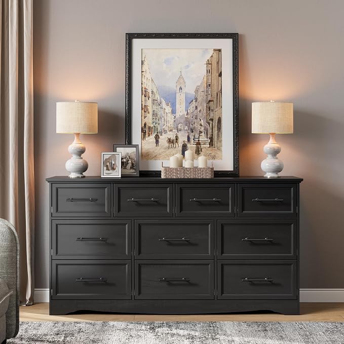 Black Dresser for Bedroom, 10 Drawer Dresser, 59" Wide Chest of Drawers w/Brushed Metal Handle, Wood Dressers TV Stand, Closet Organizers and Storage Cabinet for Bedroom, Living Room, Hallway - Image 6