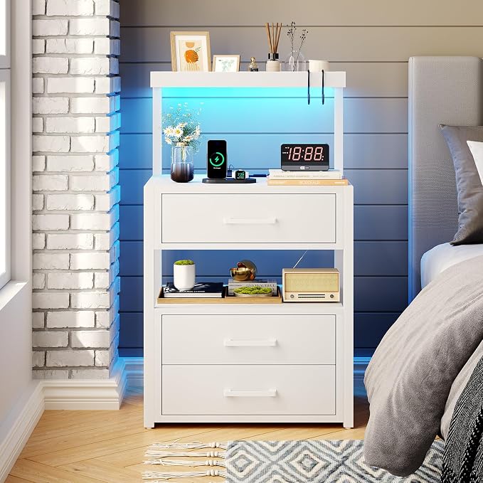 Nightstand with Charging Station and LED Lights, LED Night Stand with 2 USB Ports and 2 AC Outlets, Modern End Table with 3 Drawers, Bedside Table with Open Storage for Bedroom, White by AOGLLATI