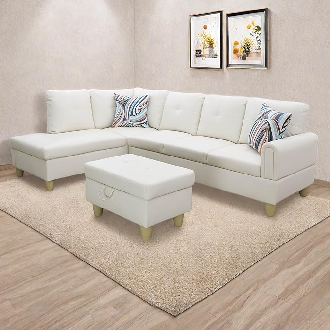 NicBex Modular L-Shaped Sectional Couches, 3-Piece Convertible Couch with Storage Ottoman, 4-Seat Comfy Sofa with Chaise for Living Room & Apartment, Elegant White