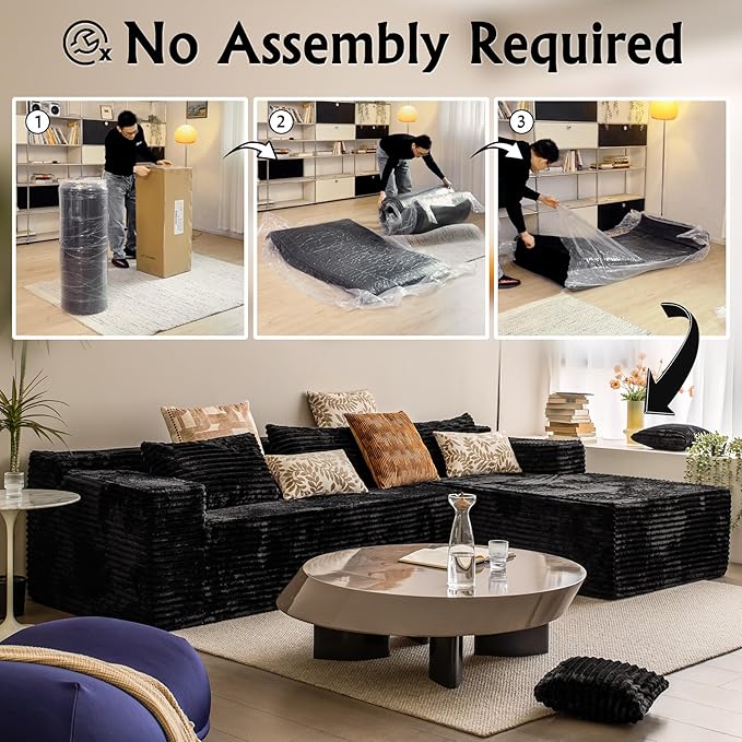 Black sectional couches for Living Room Corduroy Couch，104" Cloud Sectional Couch with L-Shape Chaise， Modern Modular Sofa, Deep Seat Comfort, No Assembly Required(Plush Corduroy Fabric)