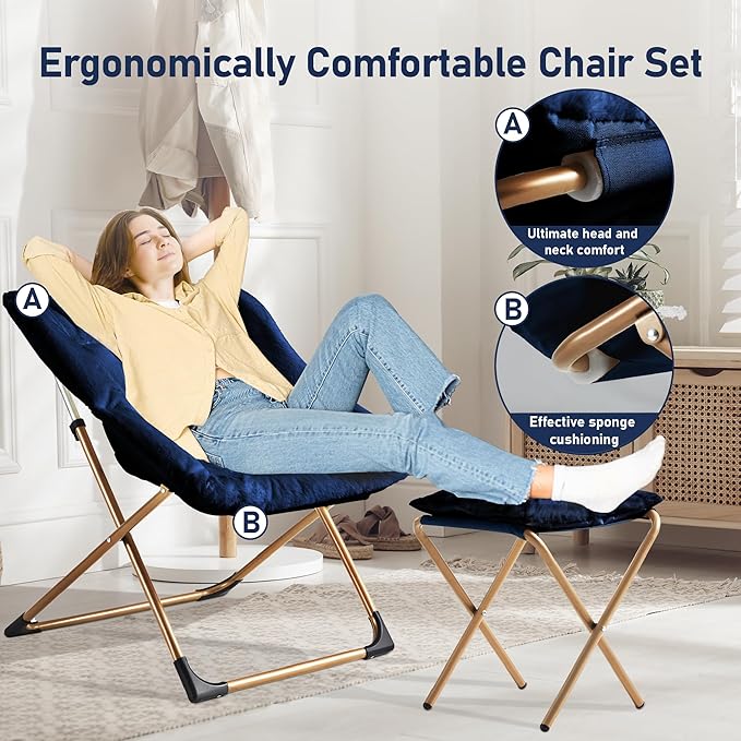 Youtanic Comfy Oversized Saucer Chair with Ottoman,Soft Faux Fur Reading Lounge Chair for Adults,Stable X-Large Metal Frame and Non-Slip Pad,Cozy Chair for Bedroom, Living Room, Dorm, Office, Blue