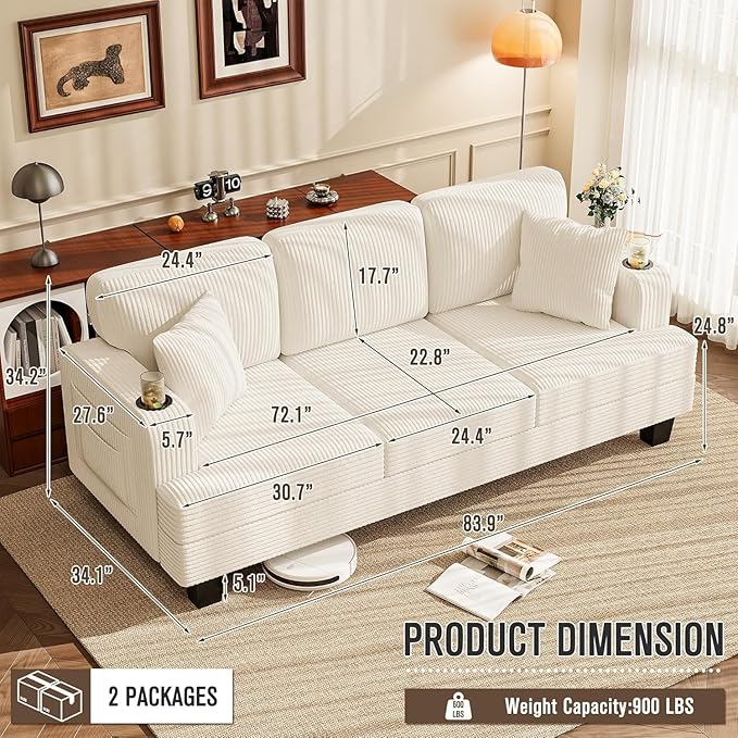 Homall Couches for Living Room, 83" Couch with Soft Deep Seats, Modern Sofa 3 Seater in Corduroy for Apartment, Bedroom (Beige)