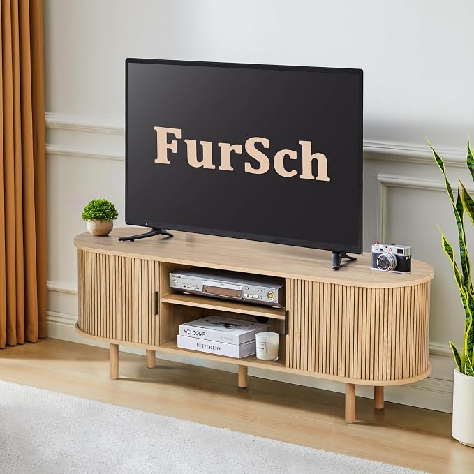 FurSch 54" Tambour Door TV Stand,Wood Mid Century Modern TV Cabinet for Up to 65“ TV,Curved Edge Long TV Stand with Storage for Bedroom Living Room(Natural, 54inch) - Image 6