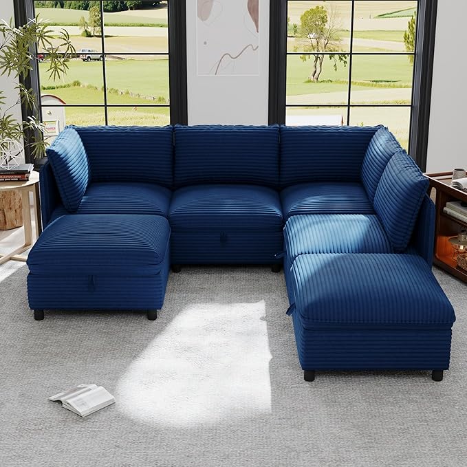 ERYE Modern Modular Storage Sectional Sofa, U/L Shaped Corduroy Modular Sofa Couch W/Movable Ottoman & Seat, 6 Seater Corduroy Upholstered Sofa Couch for Living Room
